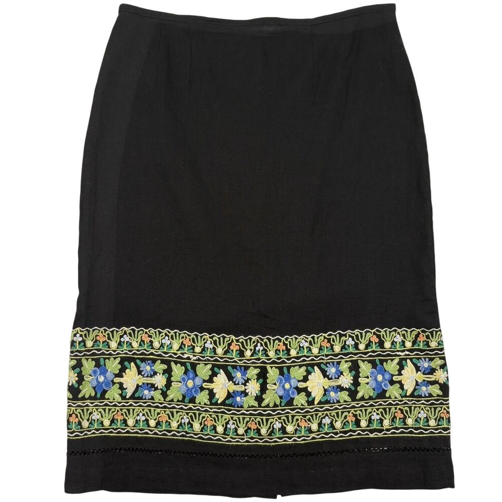 IVY Linen Pencil Skirt Black Embroidered Hem Straight Fit Size 12 Summer Boho